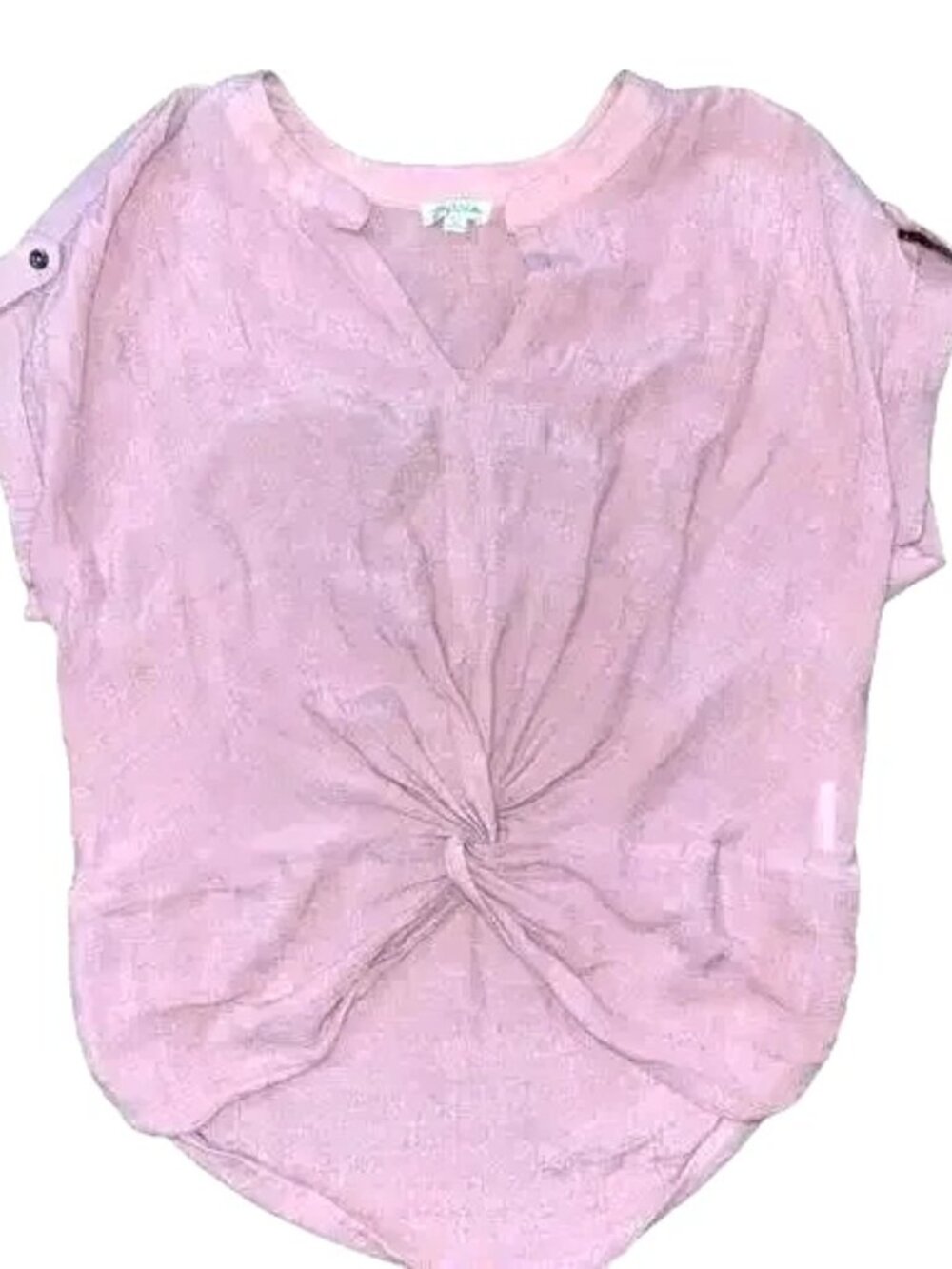 Lily White Short Sleeve Twist Front Blouse Gauzy Pink Mauve Blush, Sz S